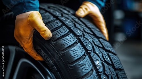 Closeup of a Mechanic Inspecting a Car Tire