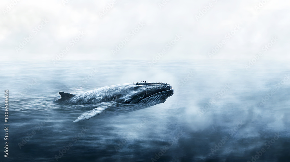 Obraz premium Ethereal Gray Whale Surfaces in Tranquil Ocean Mist