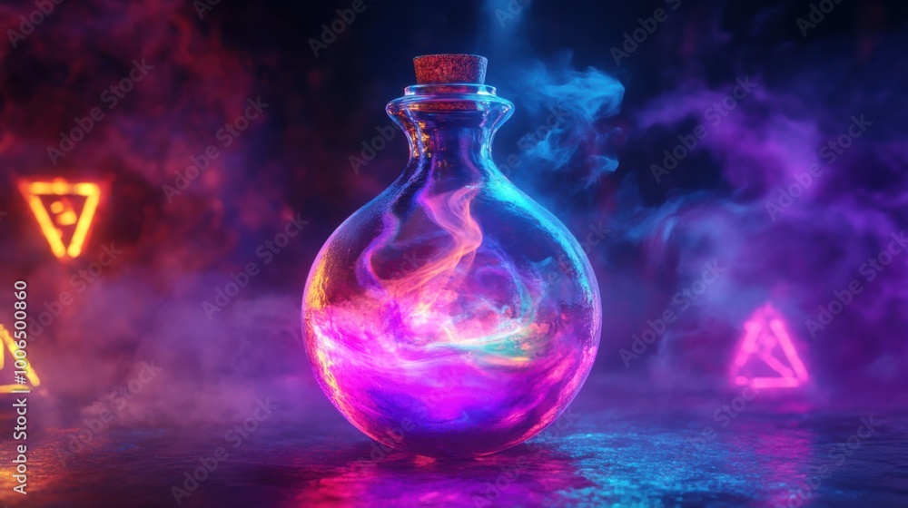 3D render of a floating magical potion bottle with dynamic effects 3D render of a floating magical potion bottle with dynamic effects