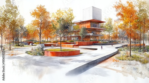 Modern architectural design integrated with nature in autumn.