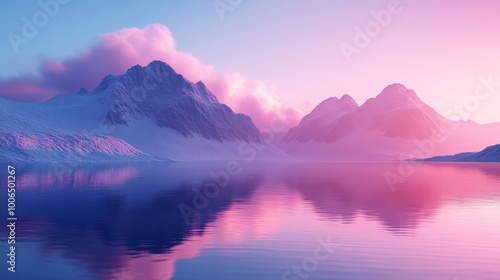 A beautiful mountain range with a pink sky and a calm lake