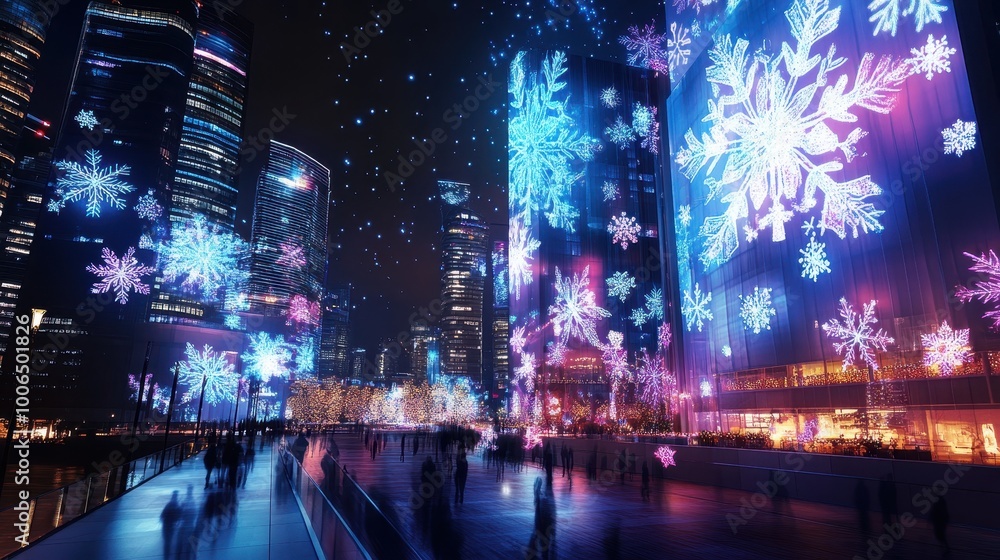 Obraz premium Vibrant Cityscape with Holographic Displays at Night