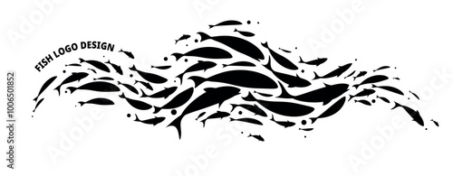 Decorative large school of fish. Black flock of fish. Logo template. Vector illustration.