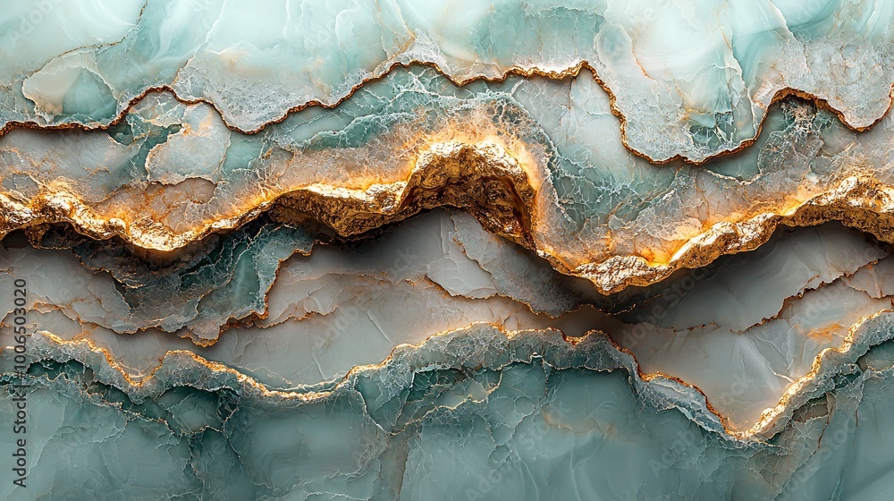 Fototapeta premium A smooth pastel green marble background with delicate golden veins flowing delicately, creating a peaceful and elegant look
