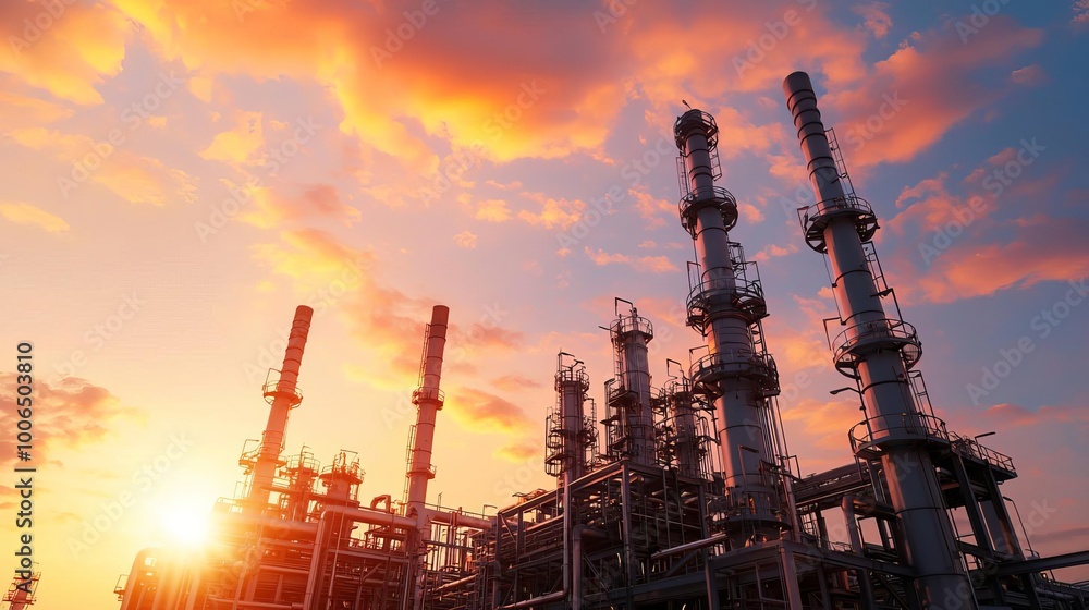 Expansive oil refinery complex at sunset, energy production, intricate network of pipelines, industrial landscape, vibrant sky with warm hues, clean and organized facility