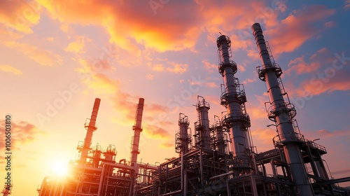 Obraz na płótnie Expansive oil refinery complex at sunset, energy production, intricate network of pipelines, industrial landscape, vibrant sky with warm hues, clean and organized facility w salonie