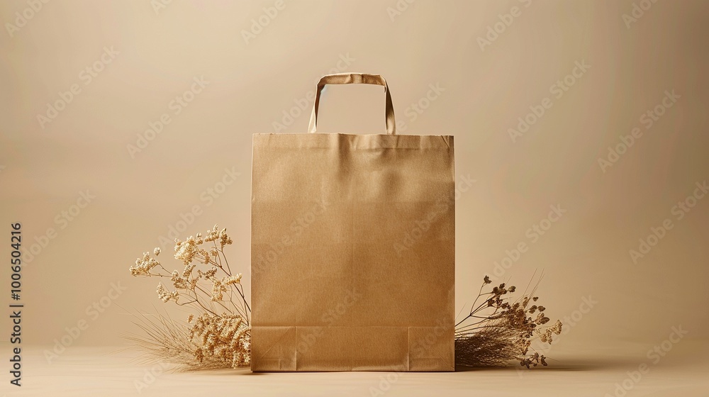 Simple brown paper bag mockup with dried flowers rustic aesthetics. Nature inspired craft paperbag template advertising image. Organic material mock up product photorealistic