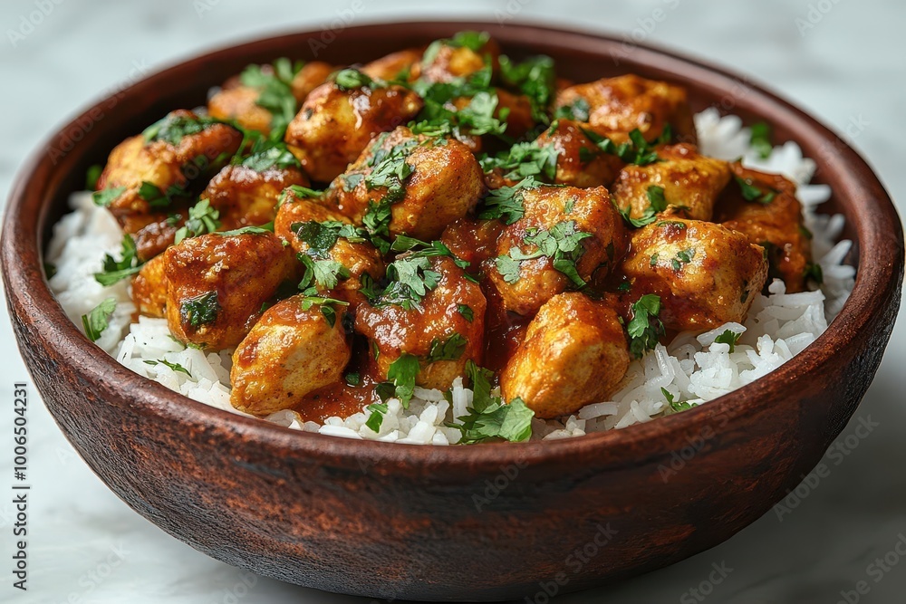 delicious chicken tikka masala served in a traditional clay plate vibrant spices contrasting with fluffy rice beautifully arranged for an appetizing topdown view on a white background delicious chicken tikka masala served in a traditional clay plate vibrant spices contrasting with fluffy rice beautifully arranged for an appetizing topdown view on a white background