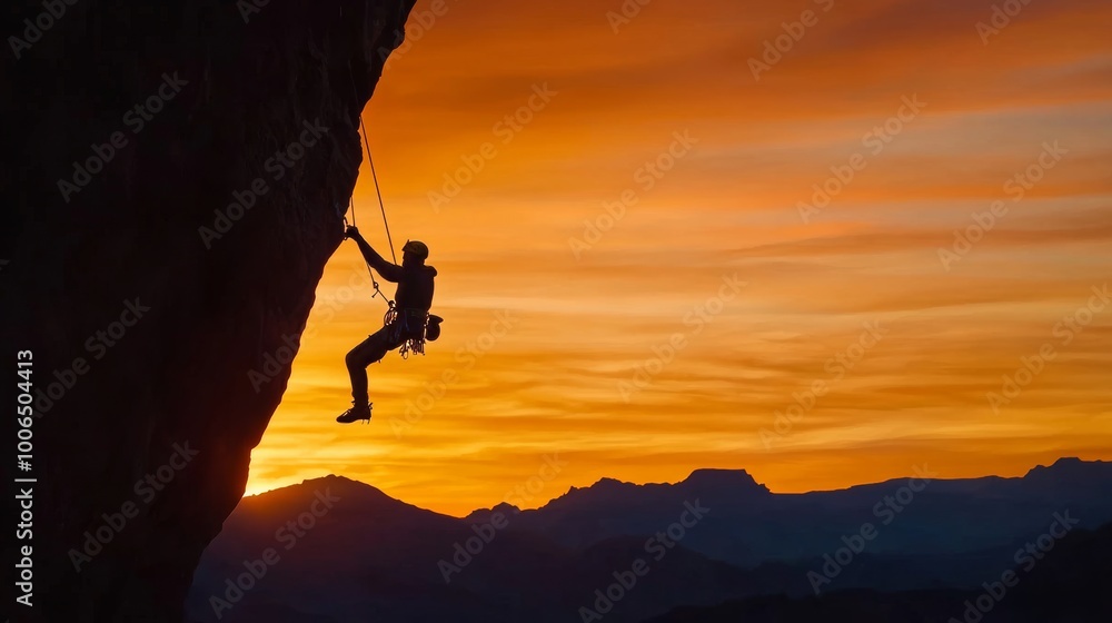 Rock climber silhouetted against a fiery sunset scaling a mountain face in a dramatic outdoor adventure Rock climber silhouetted against a fiery sunset scaling a mountain face in a dramatic outdoor adventure