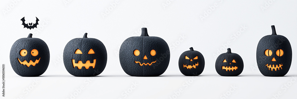 Funny Cute Black Matte Halloween Pumpkins, Trendy 3D Cartoon. Colorful Minimal Design, Geometric, Sharp Teeth, Carved Screaming Faces, Angry Spooky Scary. Modern Marketing Banner, White Background Funny Cute Black Matte Halloween Pumpkins, Trendy 3D Cartoon. Colorful Minimal Design, Geometric, Sharp Teeth, Carved Screaming Faces, Angry Spooky Scary. Modern Marketing Banner, White Background
