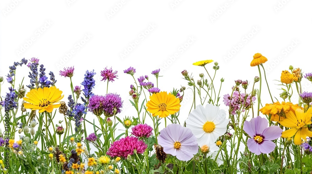 Colorful Wildflower Field on White Background Colorful Wildflower Field on White Background