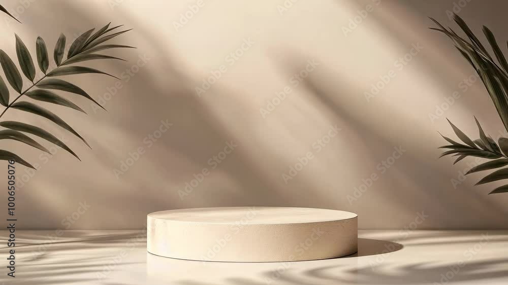 Empty beige podium with space for product presentation with moving leaves on the side, on light beige wall background close up, empty pedestal for product
Empty beige podium with space for product presentation with moving leaves on the side, on light beige wall background close up, empty pedestal for product