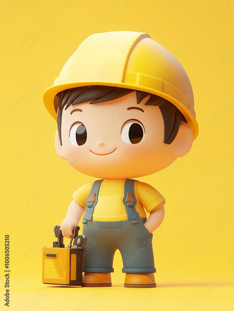 Smiling Cartoon Construction Worker in Yellow Hardhat Holding Toolbox Smiling Cartoon Construction Worker in Yellow Hardhat Holding Toolbox