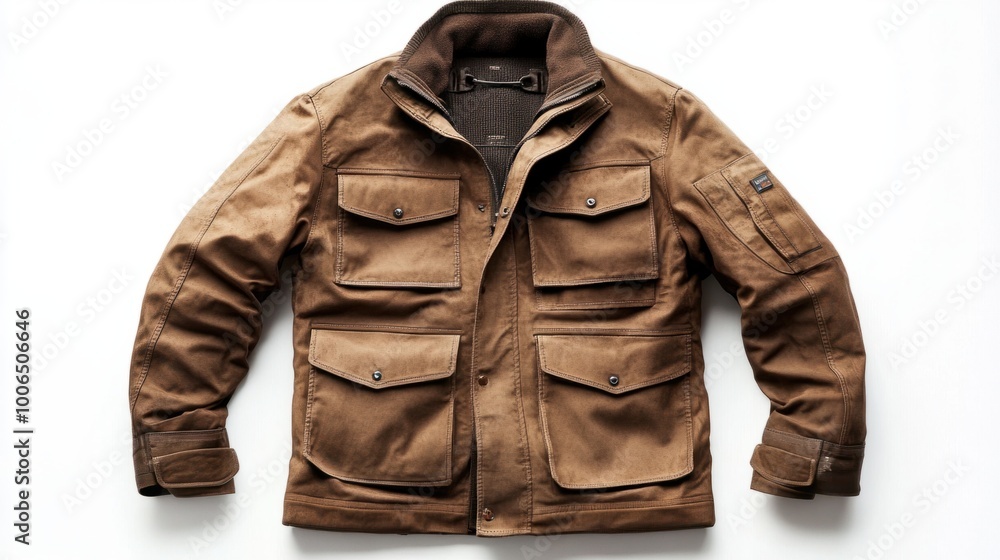 A stylish men's utility jacket with multiple pockets, isolated on a bright white background, showcasing functional outdoor wear A stylish men's utility jacket with multiple pockets, isolated on a bright white background, showcasing functional outdoor wear