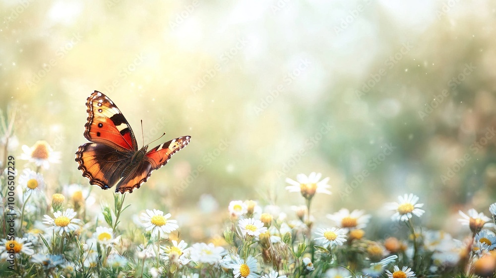 Fototapeta premium Colorful Butterfly Among Blooming Flowers