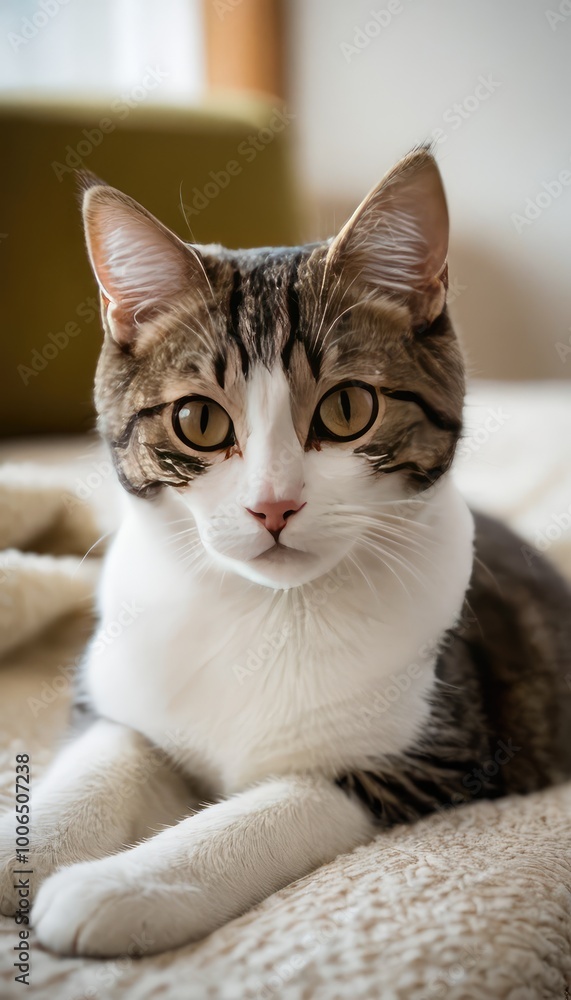A relaxed tabby and white cat with soft, striped fur lounges on a textured brown blanket, its curious eyes looking forward, capturing the calm essence of domestic feline life A relaxed tabby and white cat with soft, striped fur lounges on a textured brown blanket, its curious eyes looking forward, capturing the calm essence of domestic feline life