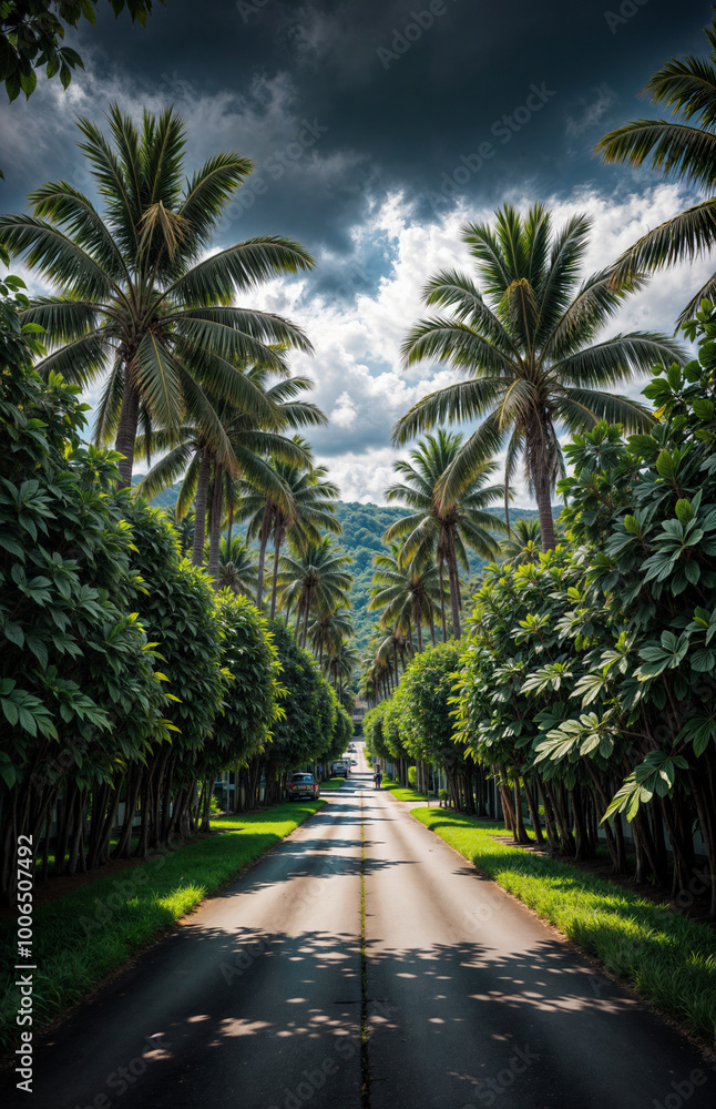 a beautiful tropical street lined with palm trees and lush greenery, with a clear blue sky overhead. a beautiful tropical street lined with palm trees and lush greenery, with a clear blue sky overhead.