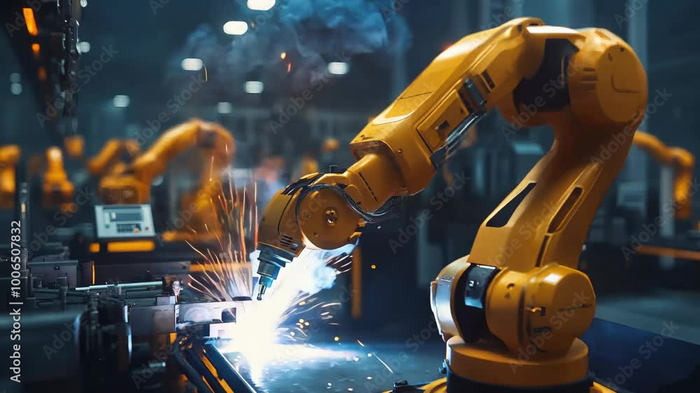 Yellow automated robot arm singing something in a production plant close up, robots and work without human presence, industry 4.0
Yellow automated robot arm singing something in a production plant close up, robots and work without human presence, industry 4.0
