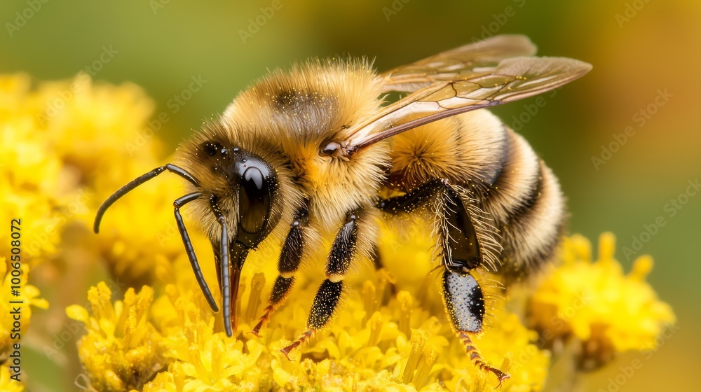 Bee Collecting Nectar from Golden Flower in Autumn Setting Bee Collecting Nectar from Golden Flower in Autumn Setting