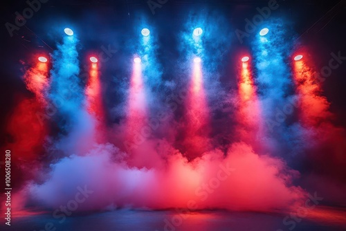 dramatic stage setup with swirling red white and blue smoke enveloping bright spotlights creating a festive atmosphere perfect for a 4th of july celebration or product showcase