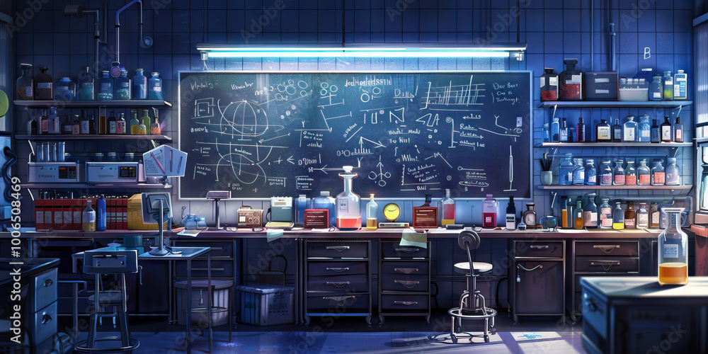 Biochemist's Lab Wall: Covered in biochemical reaction diagrams, lab safety guidelines, and a board with research project updates. Biochemist's Lab Wall: Covered in biochemical reaction diagrams, lab safety guidelines, and a board with research project updates.