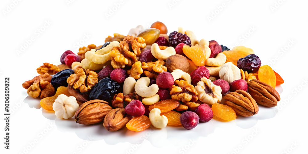 3D Macro of Assorted Nuts and Dried Fruits - Close-Up Showcasing Rich Textures and Colors with Rotating Shot on Isolated White Background 3D Macro of Assorted Nuts and Dried Fruits - Close-Up Showcasing Rich Textures and Colors with Rotating Shot on Isolated White Background