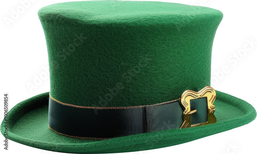 A green top hat with a gold buckle.