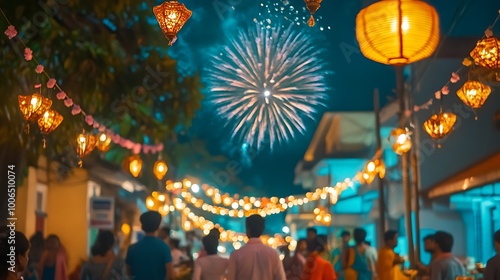 Festive Night Street with Fireworks and Lanterns