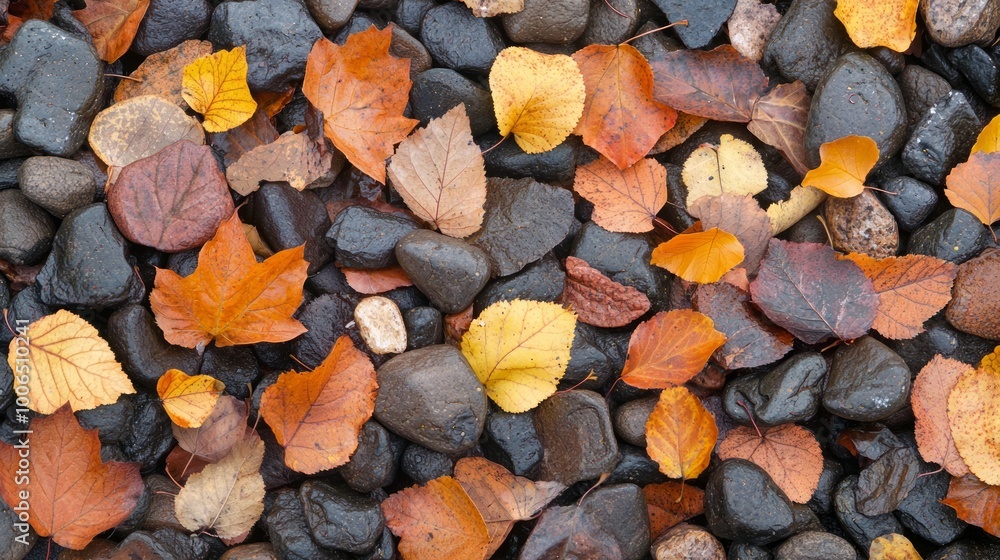 Vivid Diversity: Close-Up of Colorful Leaves Scattered on Gravel Path Vivid Diversity: Close-Up of Colorful Leaves Scattered on Gravel Path
