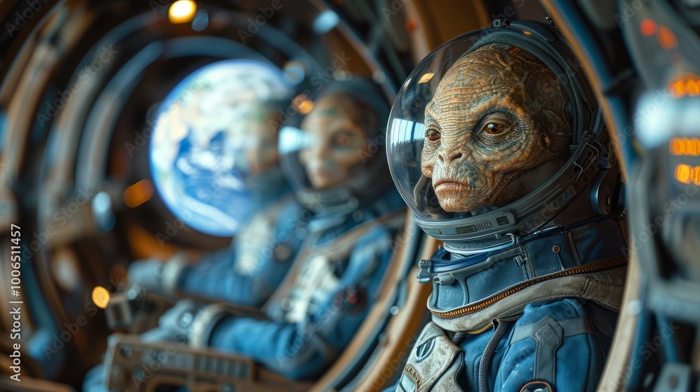 Obraz premium Two alien beings in space suits look out at Earth from inside their futuristic spacecraft, showcasing advanced technology amidst a starry backdrop