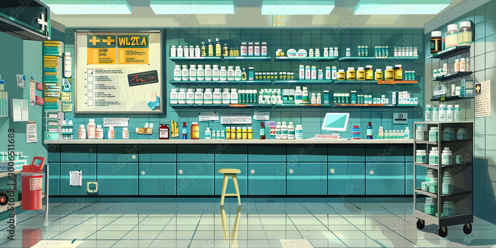 Hospital Pharmacist's Wall: Adorned with medication information sheets, drug interaction warnings, and a board with pharmacy service updates Hospital Pharmacist's Wall: Adorned with medication information sheets, drug interaction warnings, and a board with pharmacy service updates