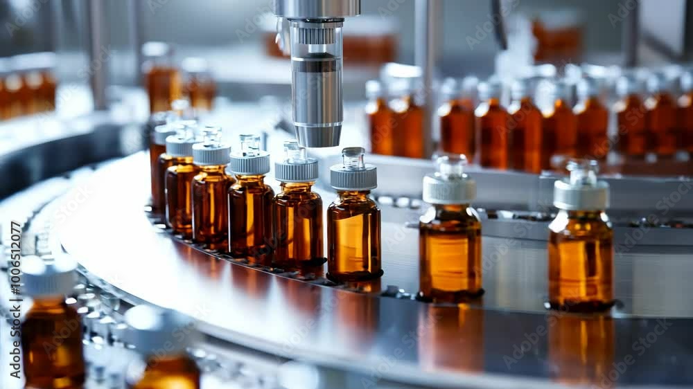 Dark brown medicine bottles on the production line close up, medicine production, health and medicine
Dark brown medicine bottles on the production line close up, medicine production, health and medicine