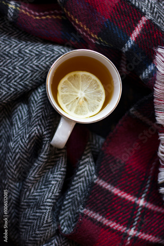 cup of hot tea with lemon and  coffin scarf. photo