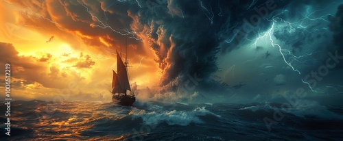 A powerful sailing vessel makes its way across choppy waters, surrounded by dramatic clouds illuminated by a vibrant sunset. Lightning strikes in the background as a storm brews photo