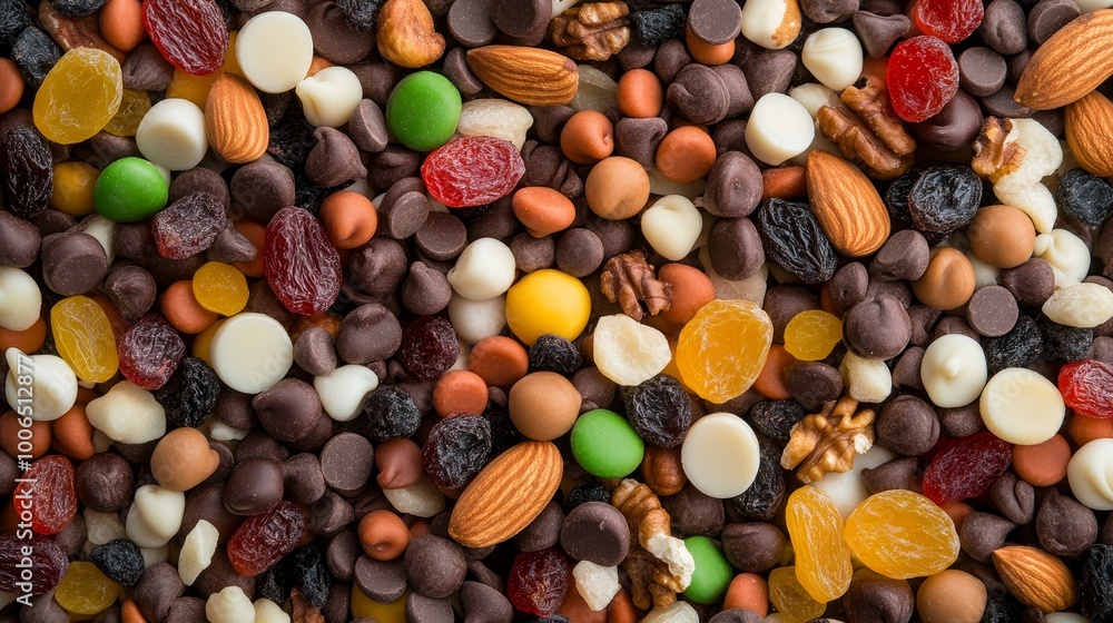 a pattern of A bowl of trail mix with dried fruits, nuts, and chocolate chips a pattern of A bowl of trail mix with dried fruits, nuts, and chocolate chips