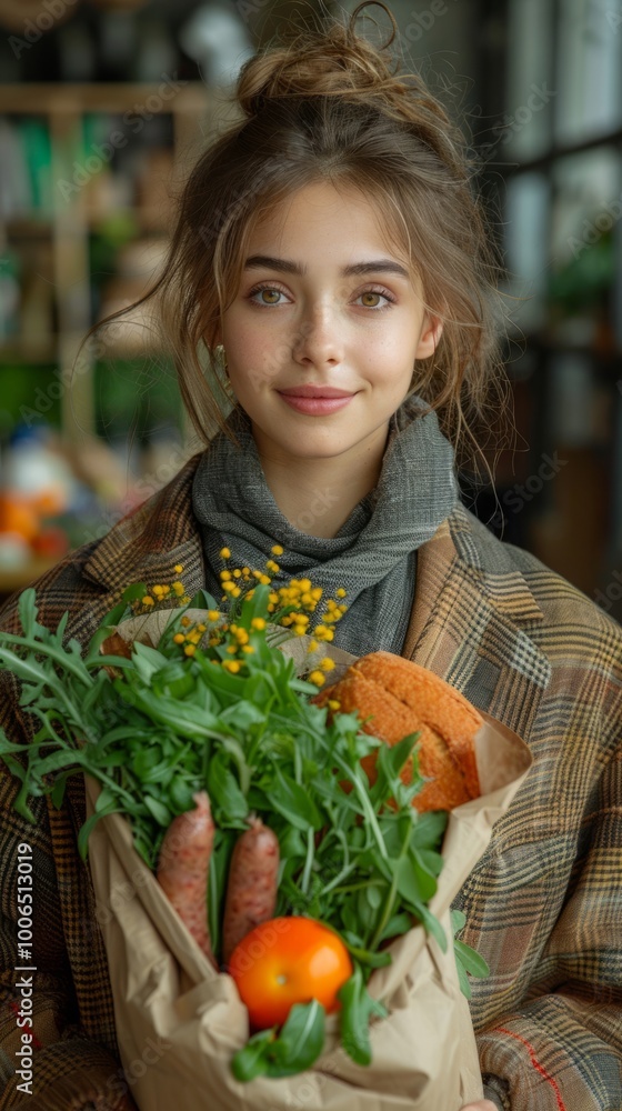 A young woman with brown hair, wearing a plaid coat and a scarf, smiles as she holds a paper bag filled with green vegetables, bread, and a red tomato A young woman with brown hair, wearing a plaid coat and a scarf, smiles as she holds a paper bag filled with green vegetables, bread, and a red tomato