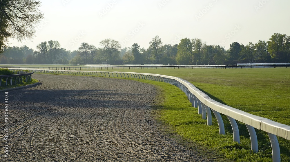 Obraz premium An expansive view of a horse racing track featuring a clear road ready for racing. The image captures the vibrant green turf and well-maintained path, emphasizing the excitement and energy associated 