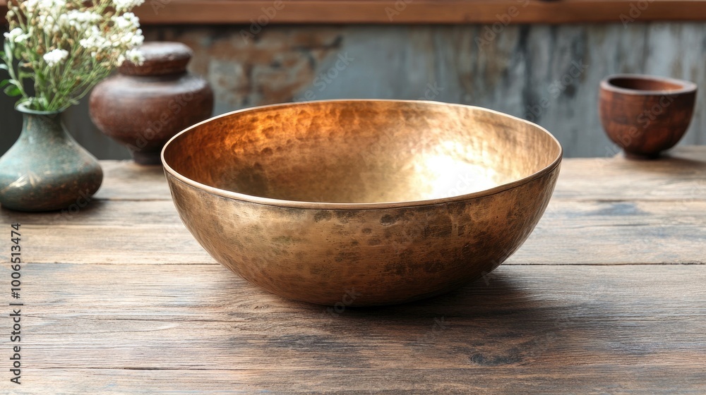 A copper singing bowl, worn with age, surrounded by ritual and meditation items on a wooden table, symbolizing peace and spiritual reflection. A copper singing bowl, worn with age, surrounded by ritual and meditation items on a wooden table, symbolizing peace and spiritual reflection.