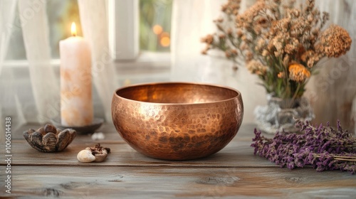 A copper singing bowl, worn with age, surrounded by ritual and meditation items on a wooden table, symbolizing peace and spiritual reflection.