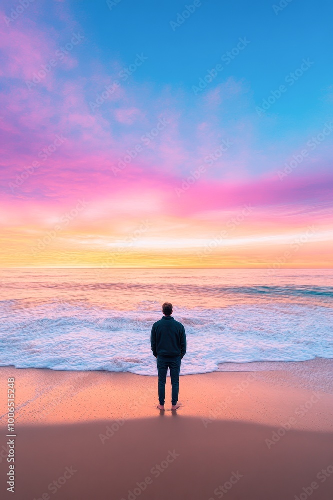 A person stands on a beach at sunset, gazing at the vibrant sky reflected on the water, This serene image can be utilized for wellness, travel, or contemplation themes in various media, A person stands on a beach at sunset, gazing at the vibrant sky reflected on the water, This serene image can be utilized for wellness, travel, or contemplation themes in various media,