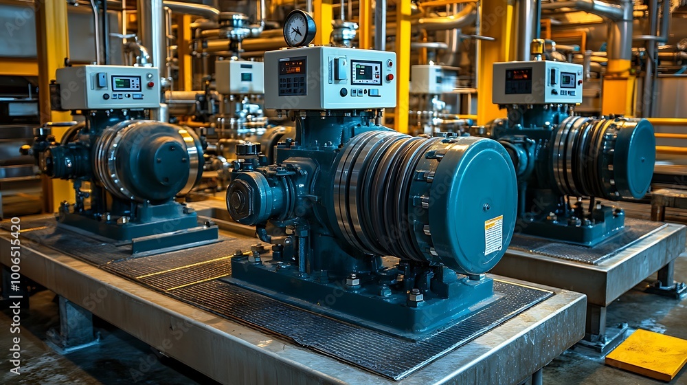 Large industrial pumps pressurizing water for use in various machines. The pumps are metallic with digital control panels and pressure gauges on top. Large industrial pumps pressurizing water for use in various machines. The pumps are metallic with digital control panels and pressure gauges on top.