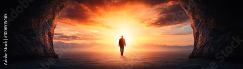 A person stands silhouetted against a vibrant sunrise emerging from a rocky passage, symbolizing hope and new beginnings, Ideal for motivational content, life coaching, or personal growth themes,