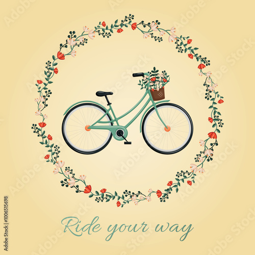 Green bycicle on yellow background surrounded with delicate flowers. Vector illustration. 