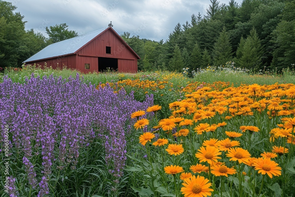 Red Barn with Lavender and Wildflowers Red Barn with Lavender and Wildflowers