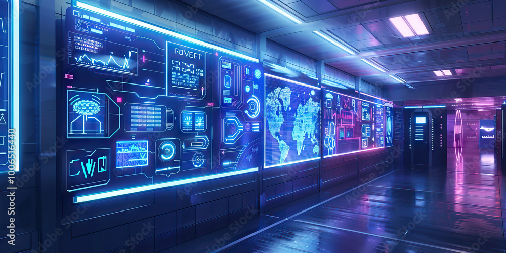 Hospital IT Department Wall: Covered in network diagrams, cybersecurity guidelines, and a board with IT support contact information. Hospital IT Department Wall: Covered in network diagrams, cybersecurity guidelines, and a board with IT support contact information.