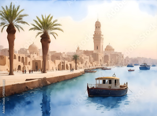 Alexandria Egypt Country Landscape Watercolor Illustration Art