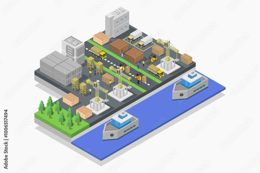 Cargo port with cranes isometric Cargo port with cranes isometric