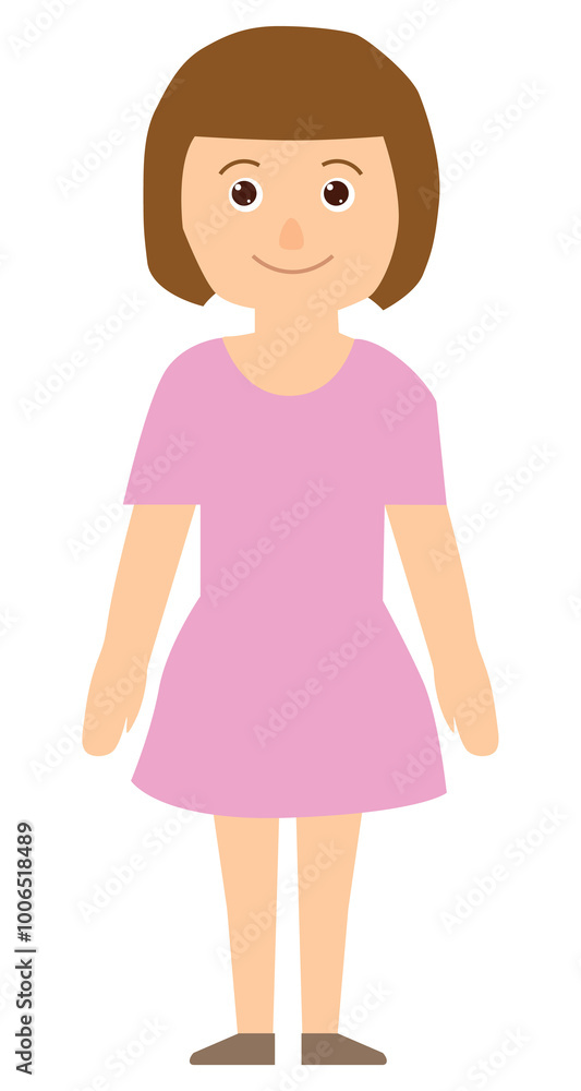 cartoon happy brunette girl in pink dress, easy to edit, stock vector