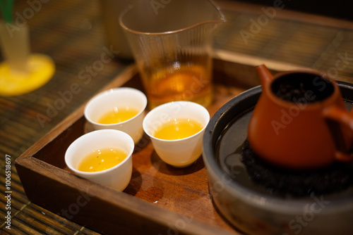 close up cup of Chinese tea and teapot serve on wooden tray 