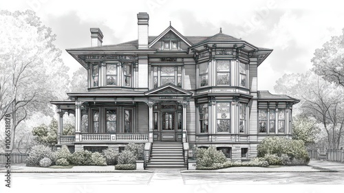 Detailed illustration of a Victorian-style house with landscaping.